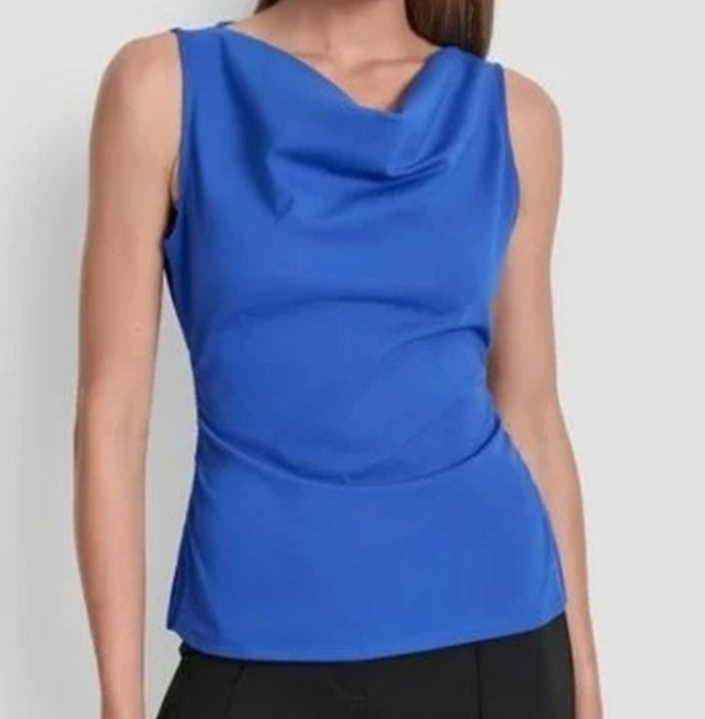 DKNY Sleeveless Side Slit Ruched Cowl Neck Top Blouse Blue Womens Size S 0511